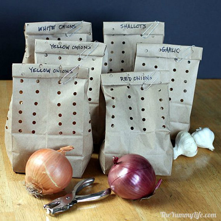 food hacks - onions in holey bags